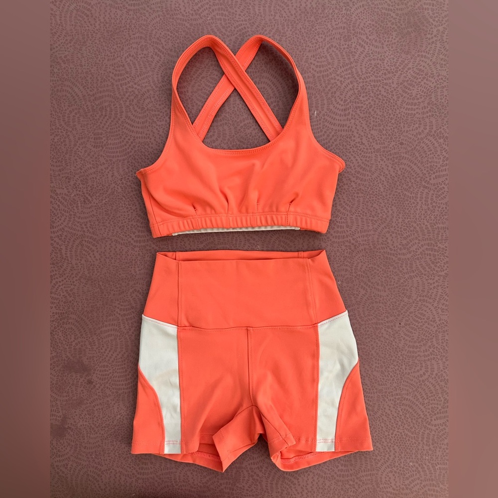 FIVE Girls Full Out Bra and No Limits Biker Shorts, YL, Peachy Coral, EUC